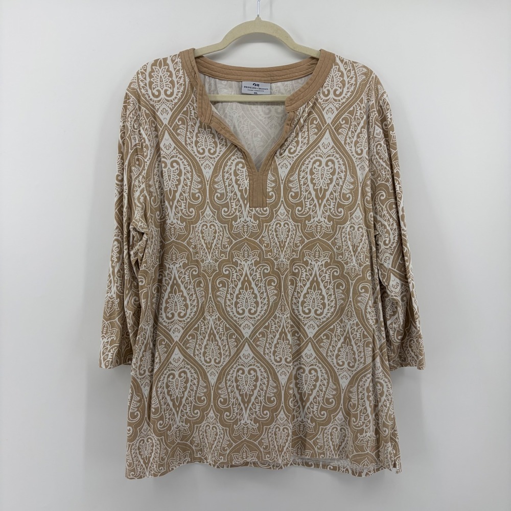 Princess Cruises Womens XXL Tan Paisley 3/4‎ Sleeve Split Neck Cotton Blend Top